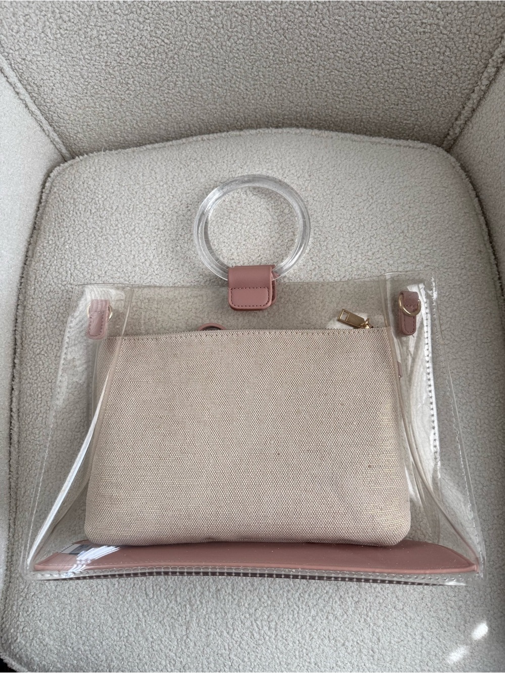 Madison West Clear Tote with Pink Trim and Beige Pouch